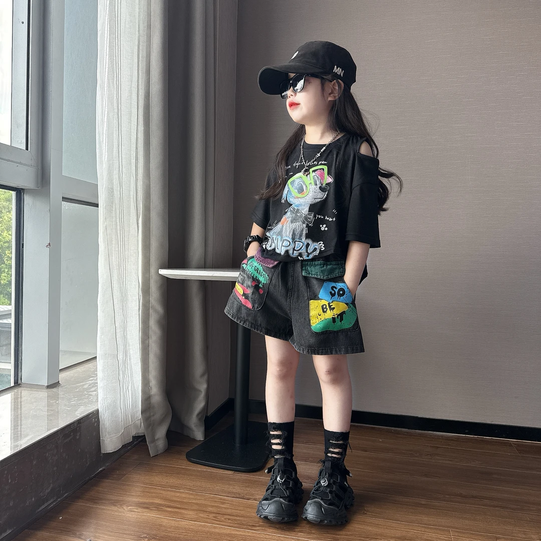 女童夏季潮酷休闲风拼色牛仔短裤中大童女孩露肩短款上衣T恤潮