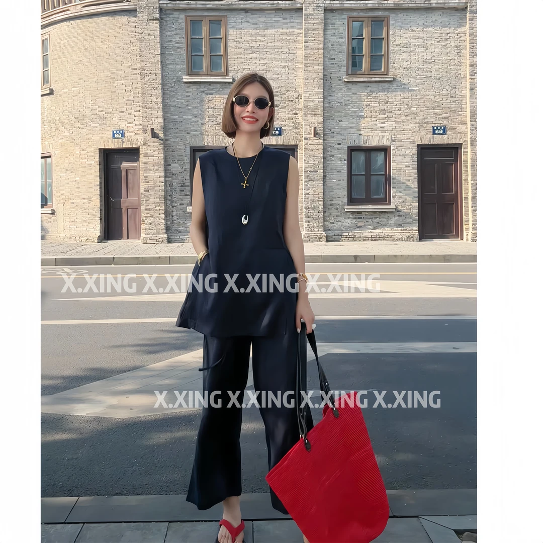 X.x.韩系九分阔腿休闲裤女夏薄款背心马甲显瘦时尚套装C31-1188