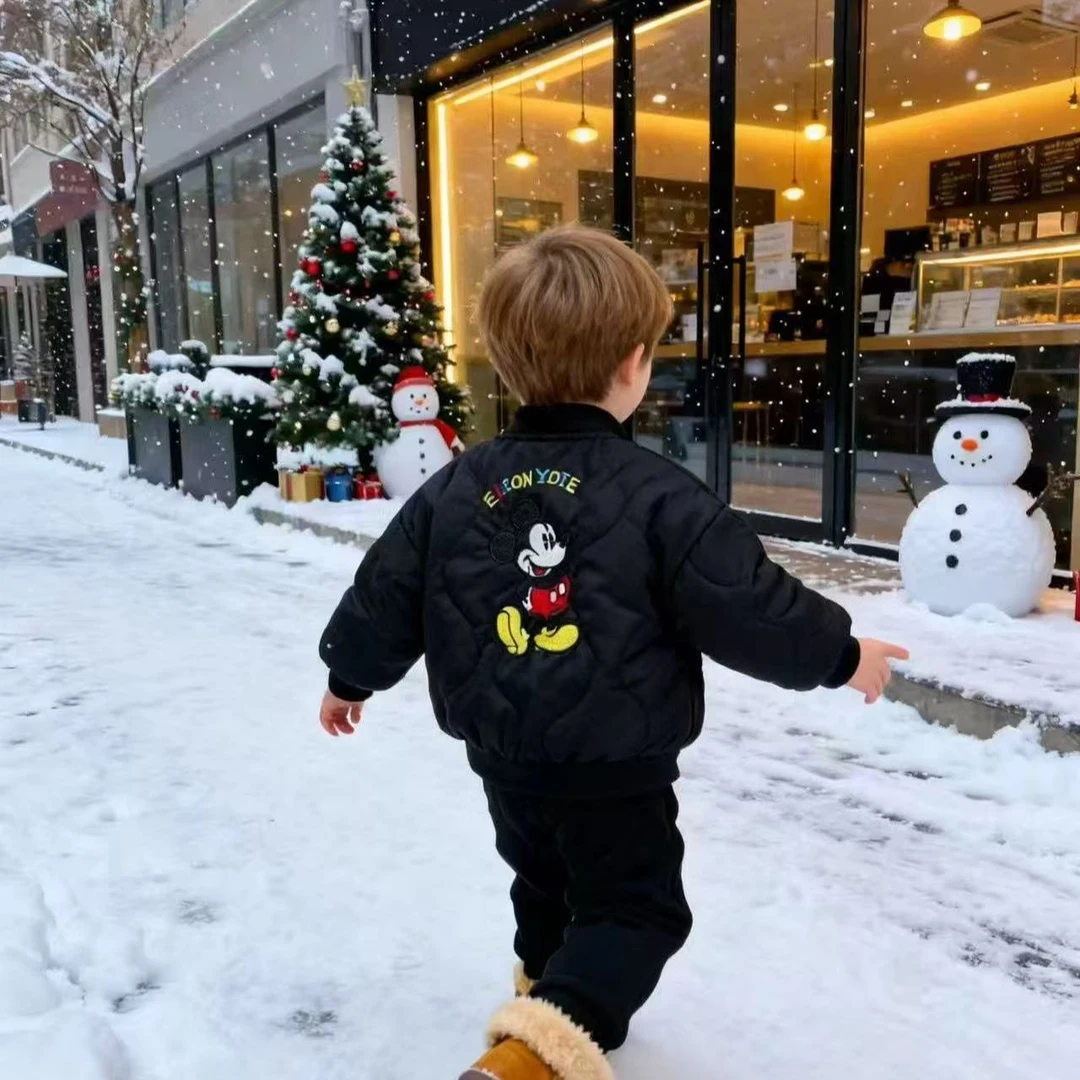 男童2025冬季新款中小童卡通米奇刺绣时尚百搭加绒保暖女童棒球服