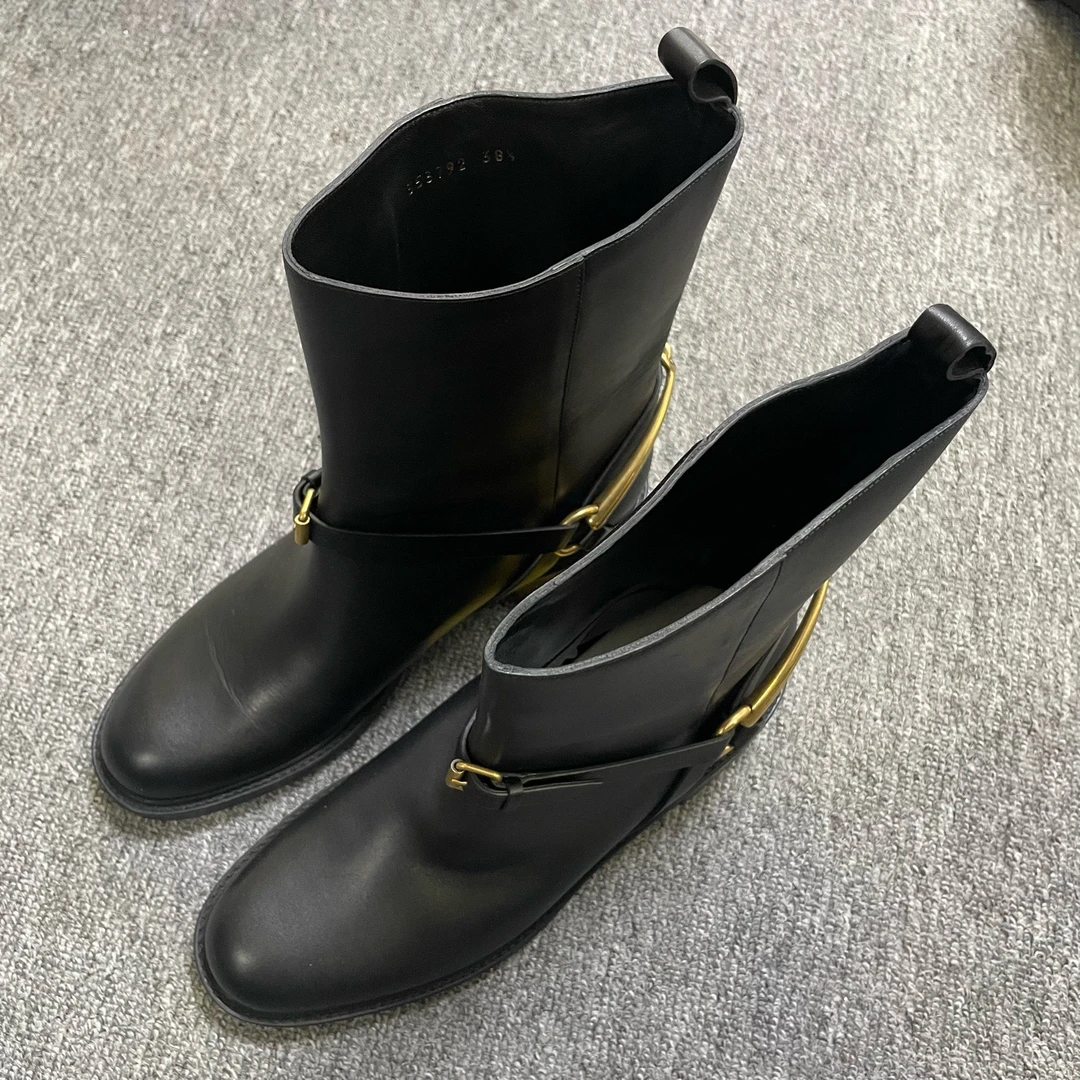 99新 GUCCI/古驰 搭扣装饰粗跟套穿短靴 38.5码/14168