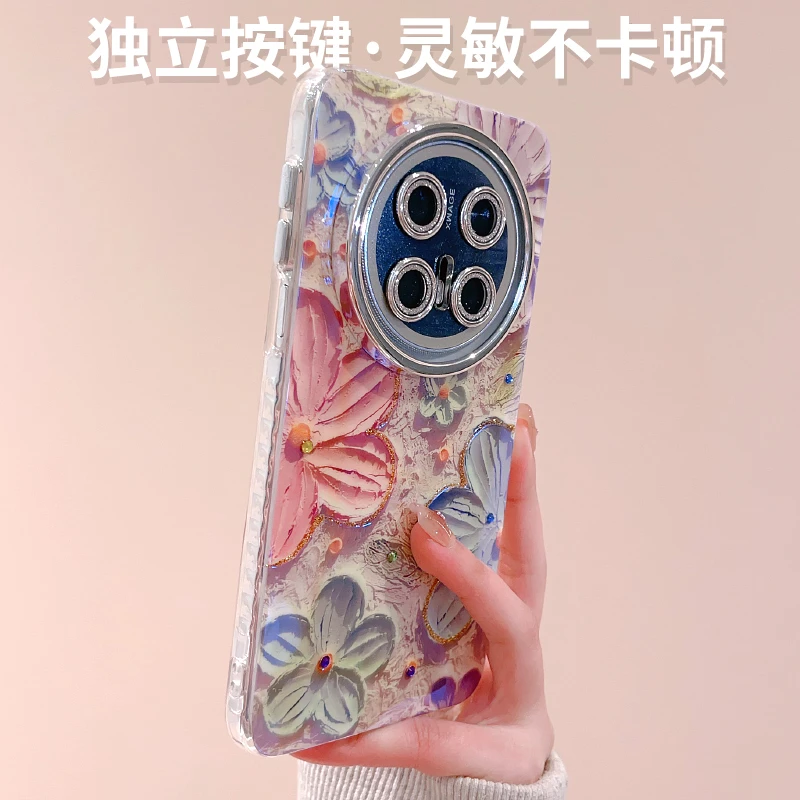 油画花朵适用华为mate70/60pro手机壳mate60pro闪粉镜头膜p70/p60