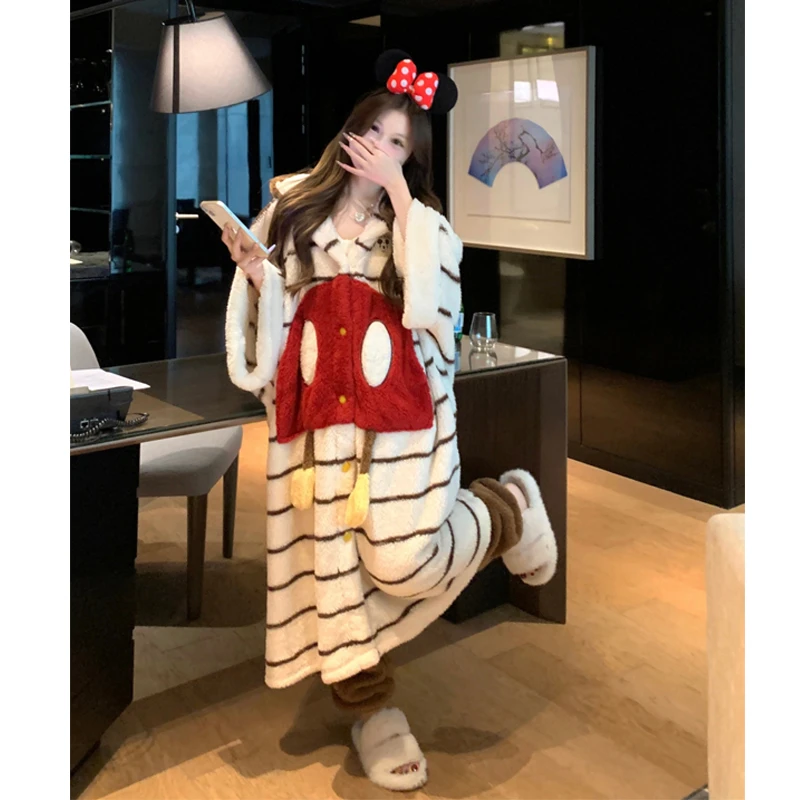 可爱米奇~珊瑚绒睡衣女款冬款加厚连帽睡袍睡裤套装家居服可外穿