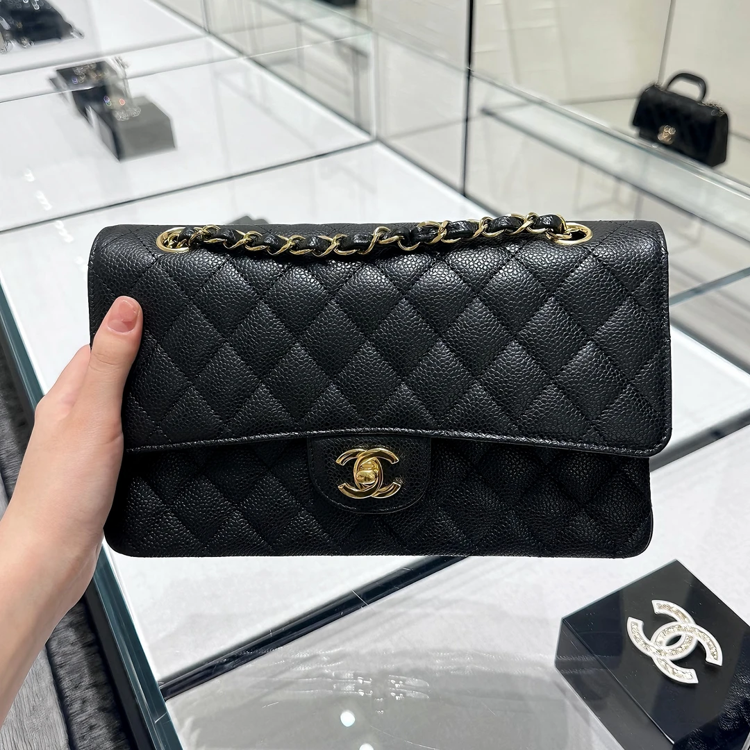 99新 Chanel/香奈儿 2832|香奈儿cf黑金芯片新款中号荔枝皮单肩包