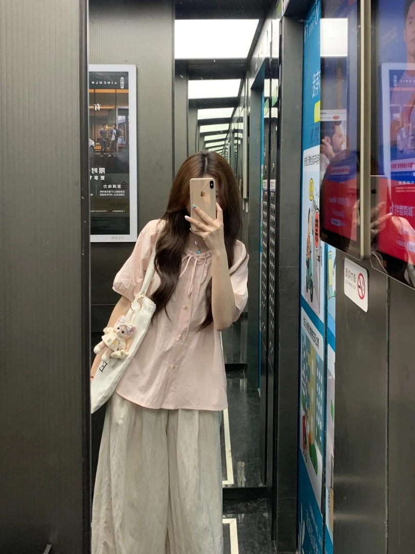 2025夏季款韩系学院风气质穿搭温柔粉色短袖衬衫休闲阔腿裤两件套