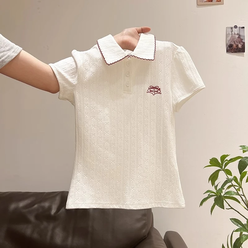学院风polo领冰丝针织刺绣短袖t恤女夏季新款撞色修身减龄小上衣