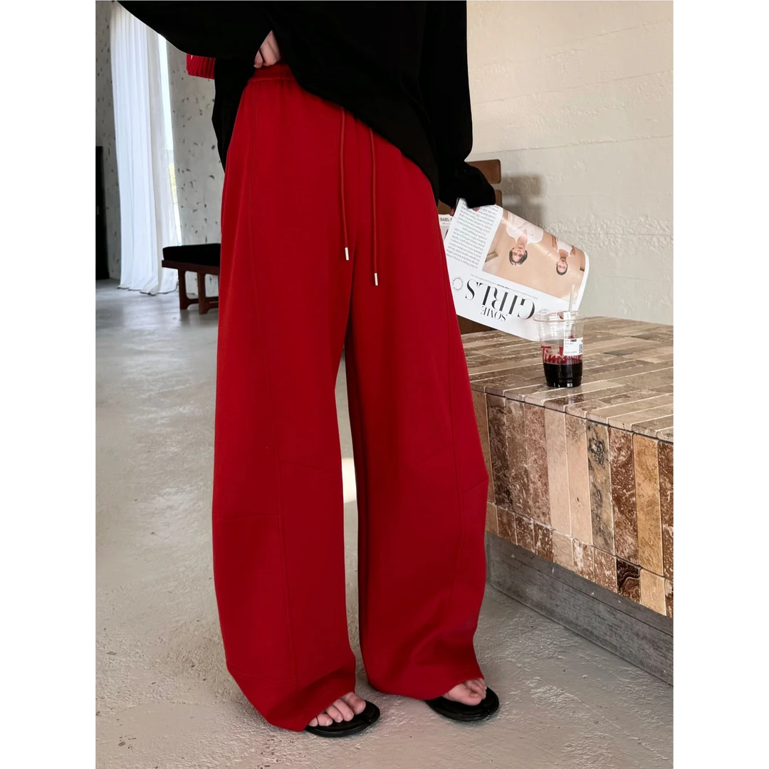 晶咕【红绯酒心】全松紧高腰抽绳裤腿立体线阔腿弯卫裤