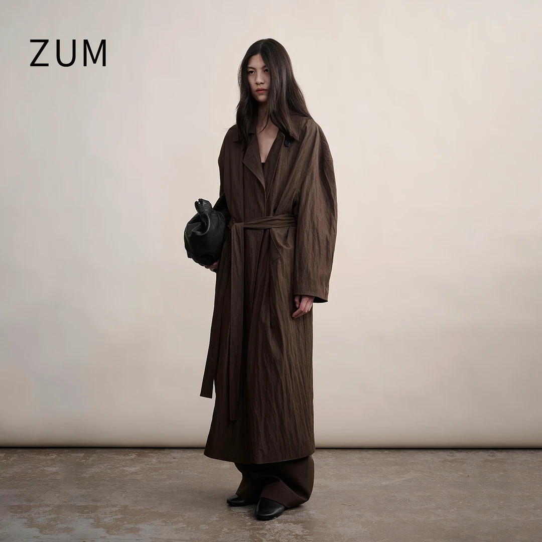 ZUM 棕色风衣女长款25秋新款气质通勤外衣垂肩柔顺亲肤宽松长外套