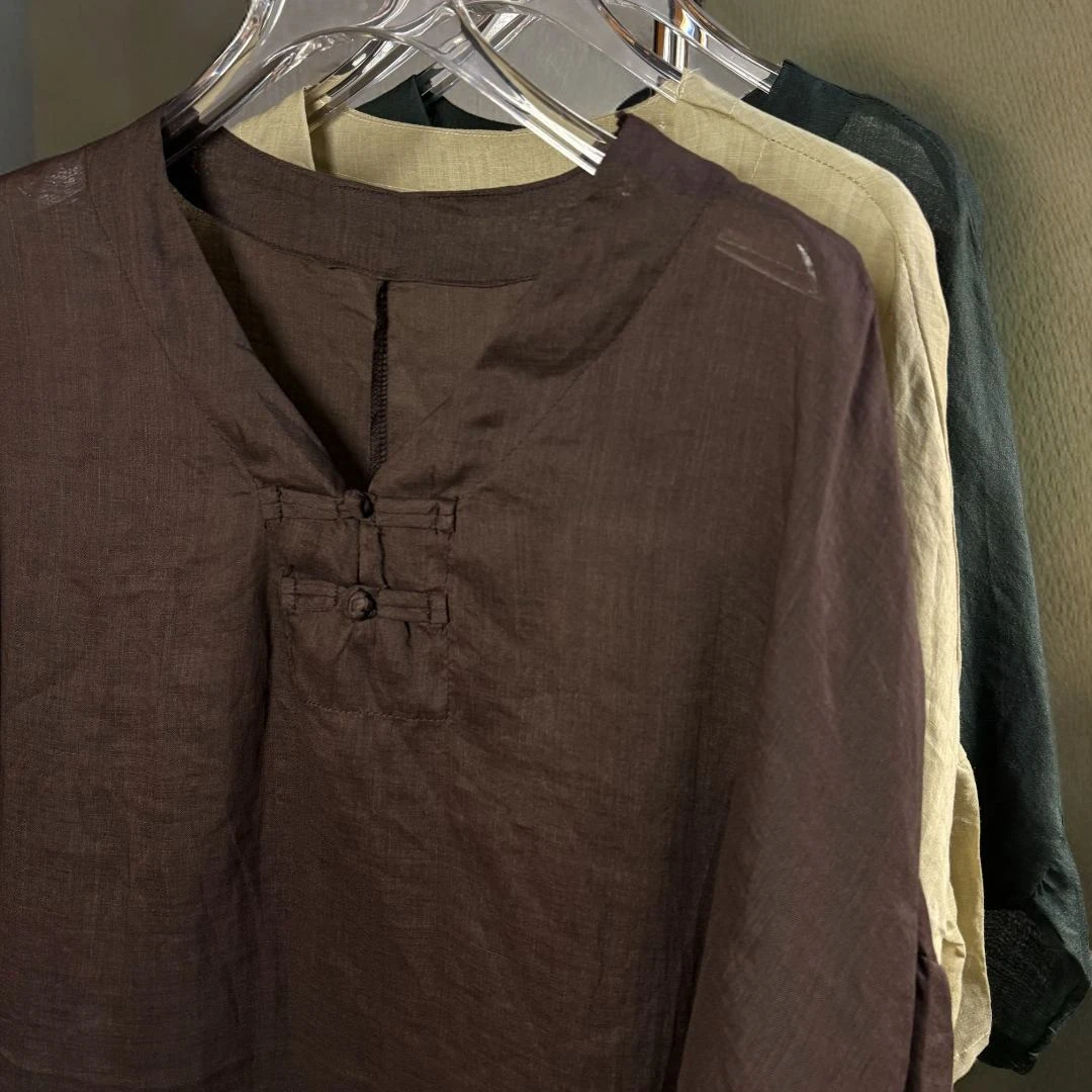 夏季新款3色新中式色苎麻大码长衫