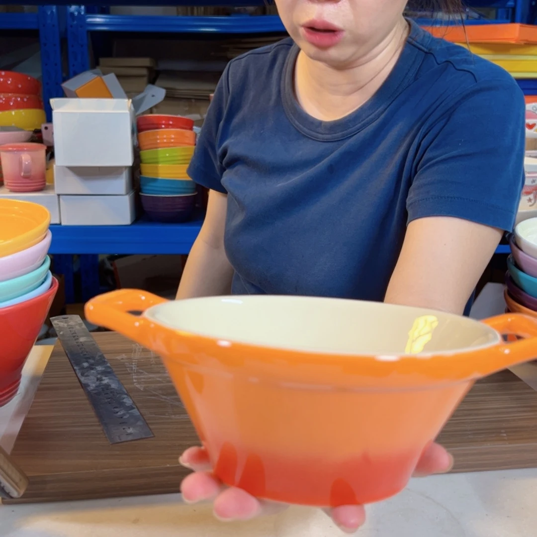 *****陶瓷橙色双耳面碗微瑕
