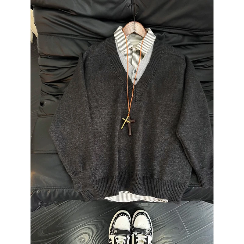 老钱风假两件v领毛衣男款冬季美拉德针织衫美式复古潮牌情侣外套