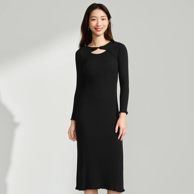 【千颂妮专享】DOUBLOVE芭蕾瘦瘦裙羊毛针织连衣裙镂空鱼尾裙