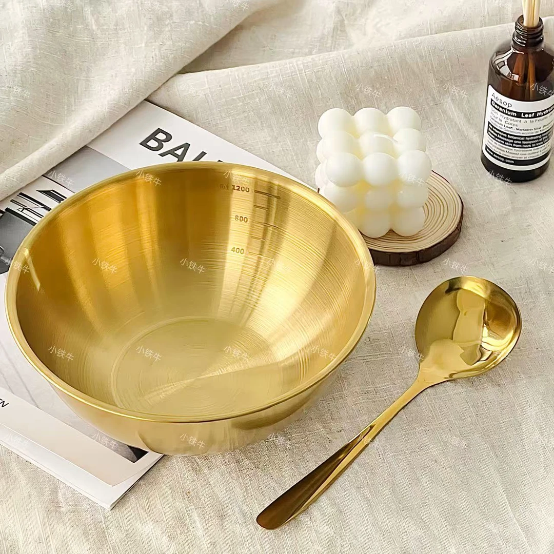 高颜值网红不锈钢金色冷面碗泡面碗带刻度韩式水果沙拉盆加一支勺