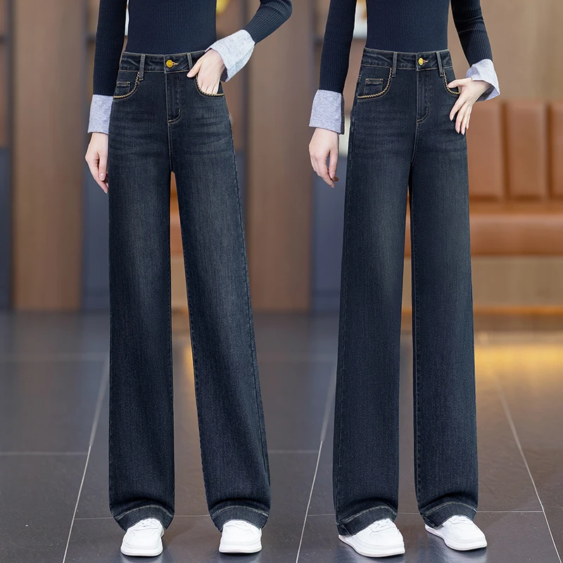 秋冬季上新爆款柔软舒适加绒直筒牛仔裤2025年新款高腰微弹直筒裤