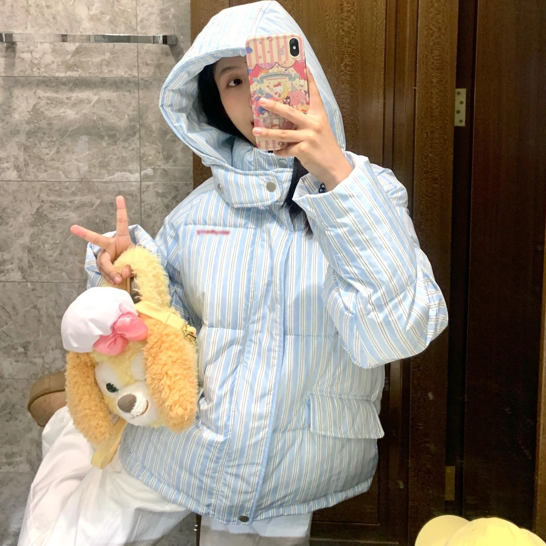 美式高街蓝色条纹连帽棉服外套2025秋冬新款设计感棉袄防寒面包服