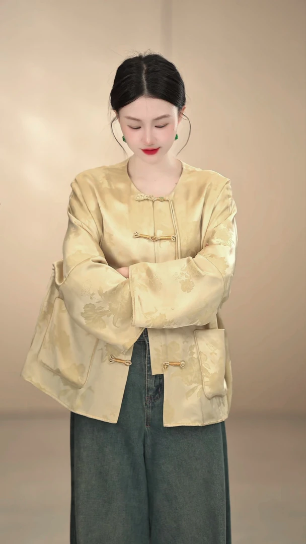 「鹅黄小衫」中国风秋冬款复古纯色时尚网红短外套气质对襟圆领宽松