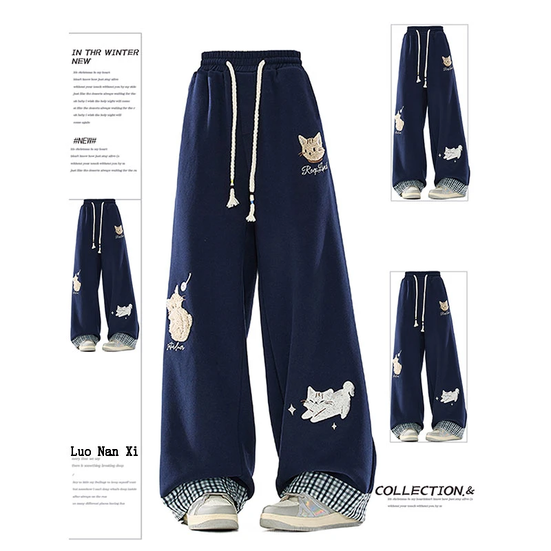特大码猫咪刺绣格子卷边卫裤女秋季胖mm宽松显瘦休闲运动阔腿长裤