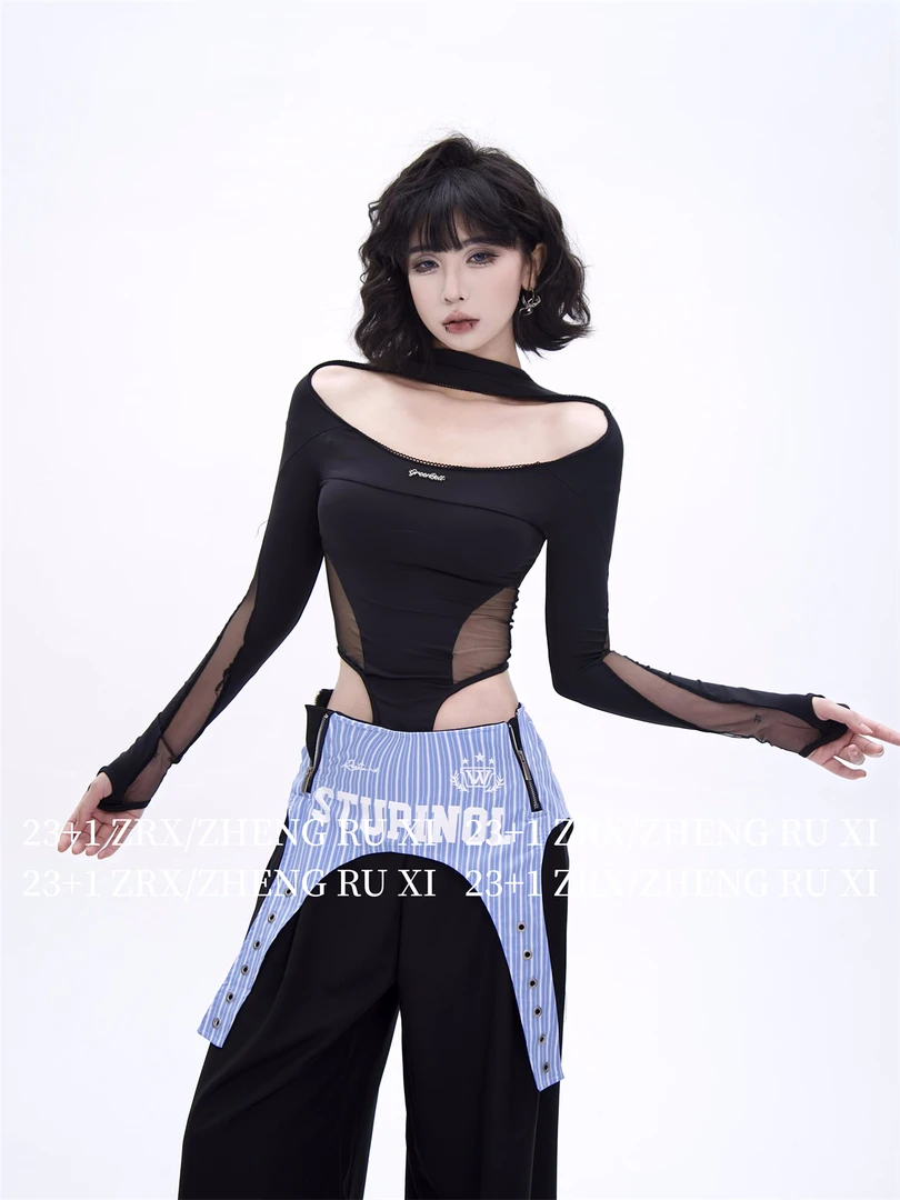 付新博女装挂脖拼网纱连体T恤女小众辣妹性感镂空长袖上衣13626