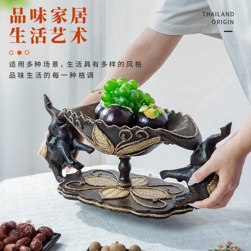 泰国双象果盘家用客厅东南亚茶几摆件木质复古欧式水果盘客厅适用