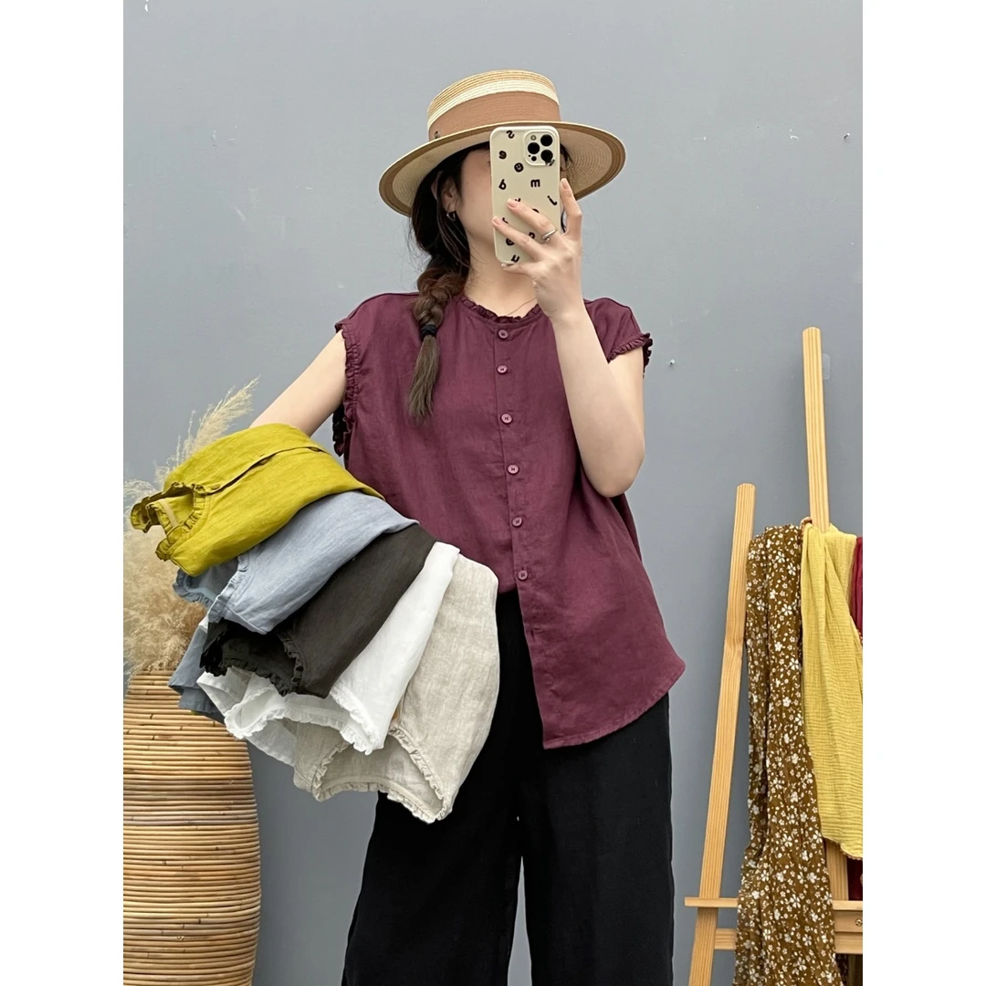 5606夏季新款文艺复古木耳边圆领纯色亚麻衬衫女