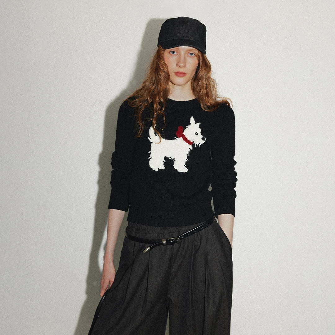 30.R 90s cleanfit/25秋冬羊毛混纺圆领小狗提花套头毛衣