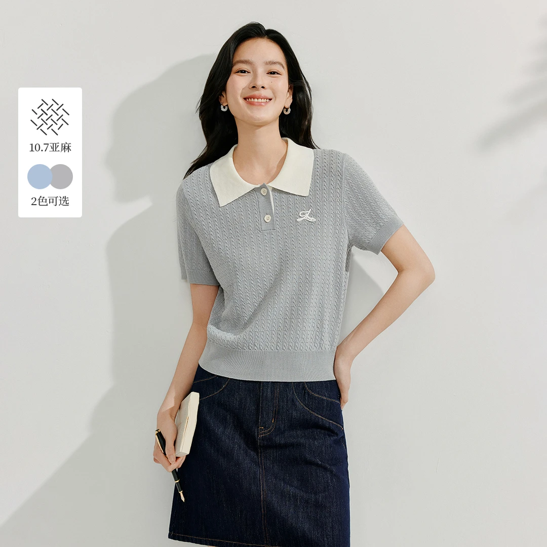 茵曼2025夏季法式亚麻绞花针织衫女简约翻领牛仔裙半身裙