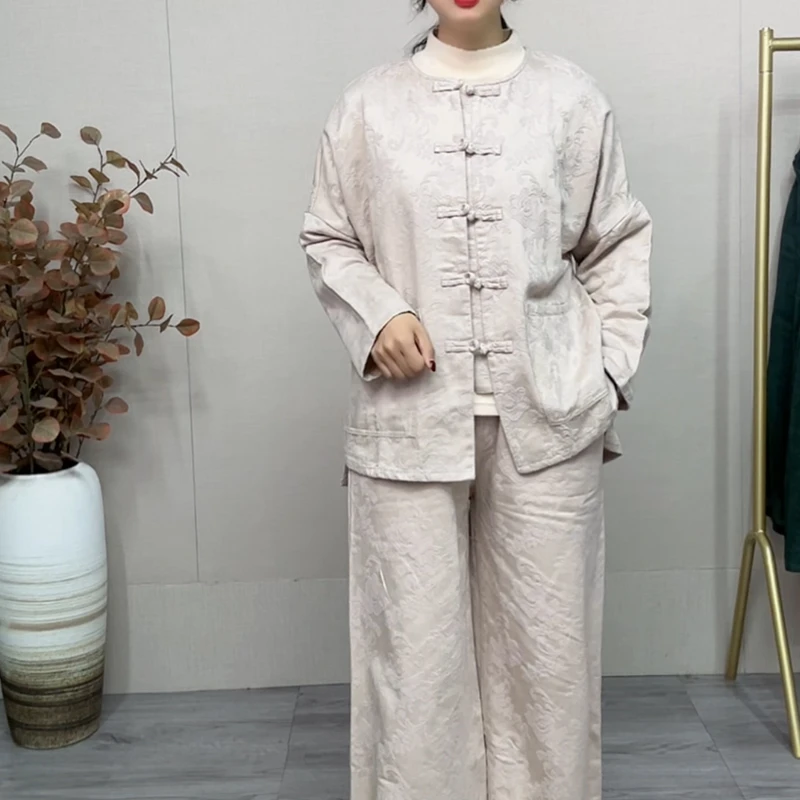 复古盘扣棉麻提花内里包边长袖上衣女文艺大码新中式国风外套