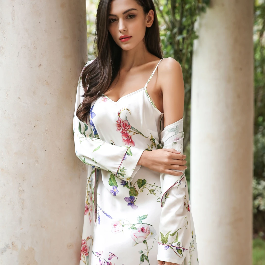 重磅百分百桑蚕丝睡袍女真丝喷绘吊带浴袍两件套家居服晨袍8079