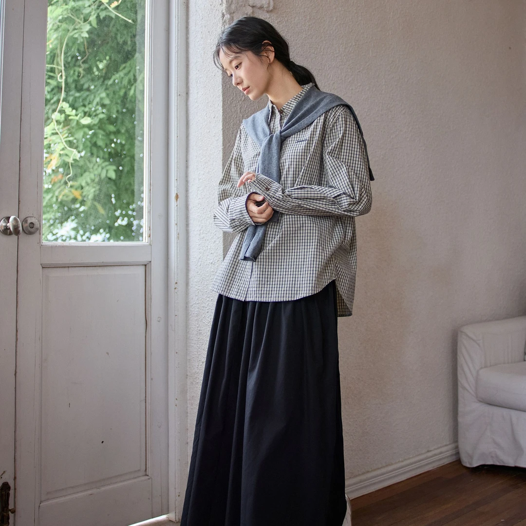棉·子予韩式高质感格子衬衫胸口字母刺绣简约通勤潮流百搭上衣