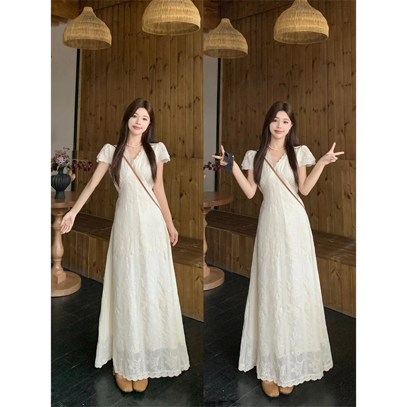 大码法式温柔风收腰茶歇连衣裙女夏胖mm甜美风重工刺绣遮肉长裙子