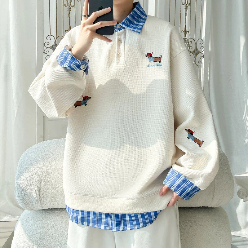 明尼凯假两件拼接刺绣衬衫领卫衣男春装oversize潮牌大码