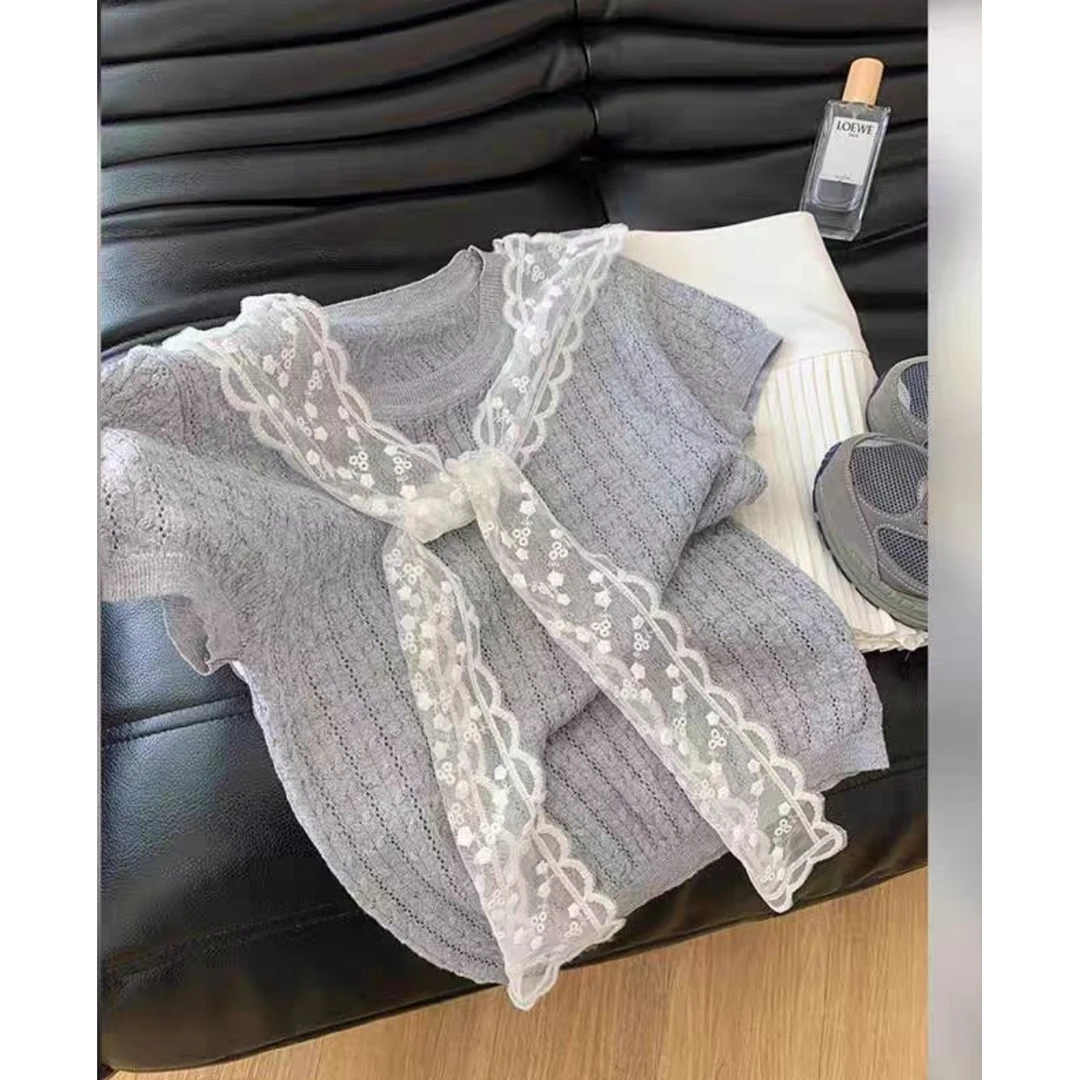 蕾丝披肩灰色针织正肩短袖t恤女夏季2025新款超好看独特漂亮上衣