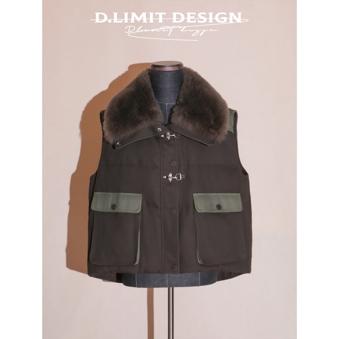 【D.Limit design】山羊绒毛领大翻领拼色鹅绒马甲DLYXH072W