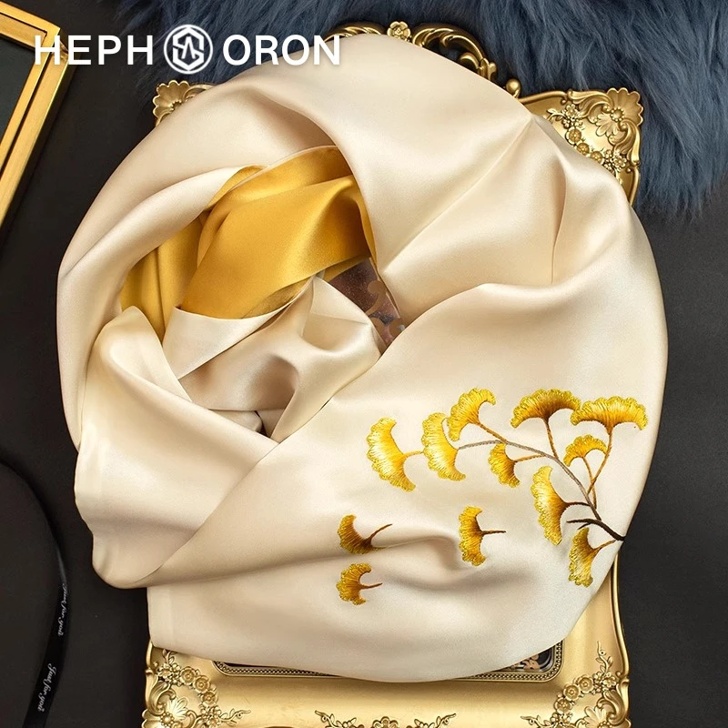 HEPHSORON苏绣丝巾礼盒送妈妈香槟刺绣高档外搭桑蚕丝真丝围巾