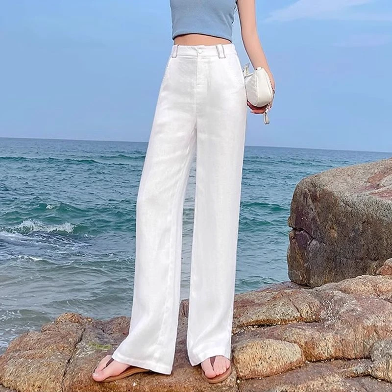 天丝亚麻阔腿裤女2025新款夏季西装裤薄款休闲裤高腰大码直筒裤子