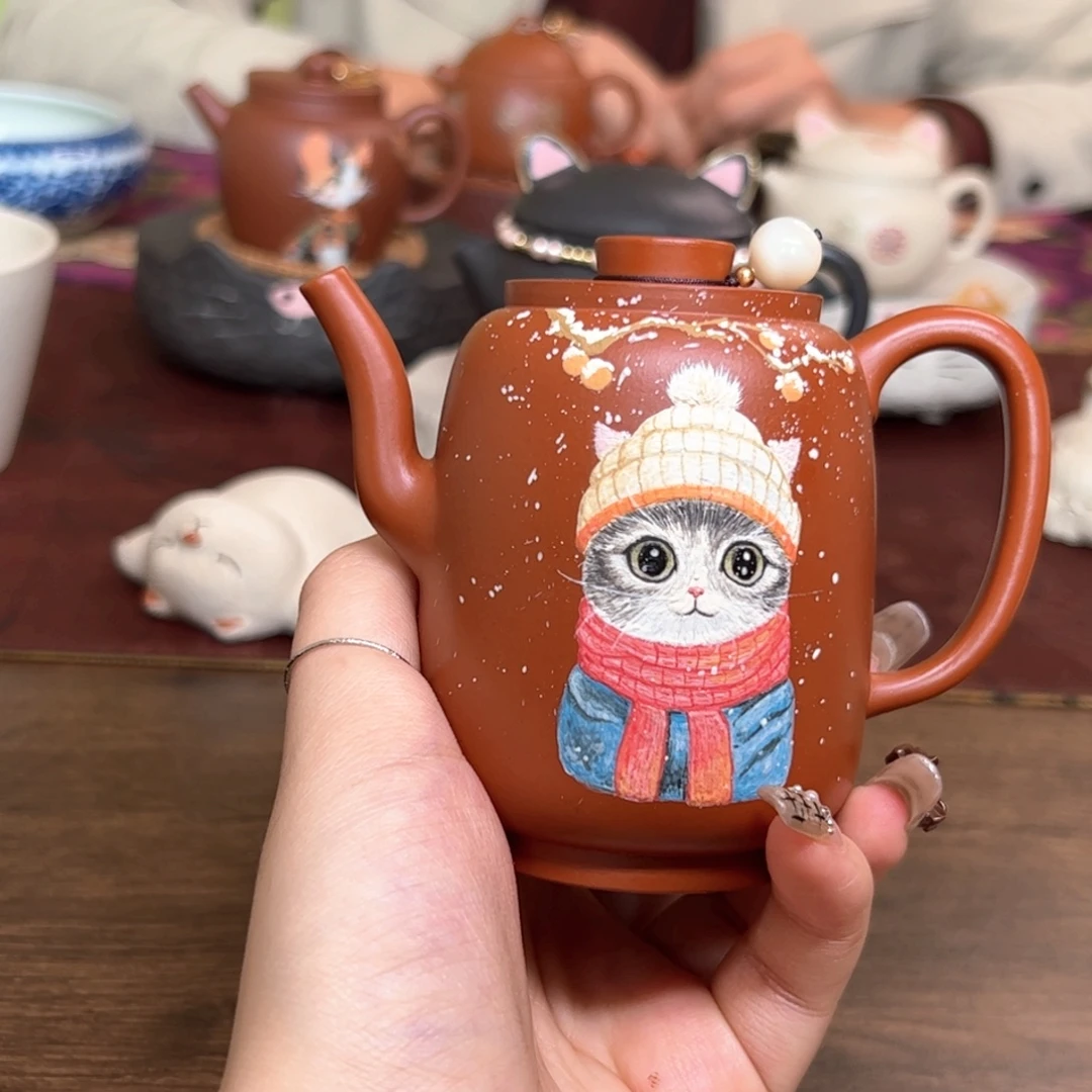 紫砂茶壶朱泥饮羽 170ml 雪景猫咪