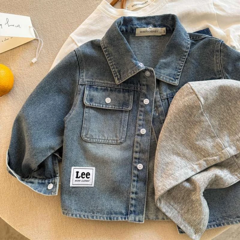 儿童软牛仔外套2025春新款男童做旧衬衫宝宝纯色连帽牛仔衣潮牌