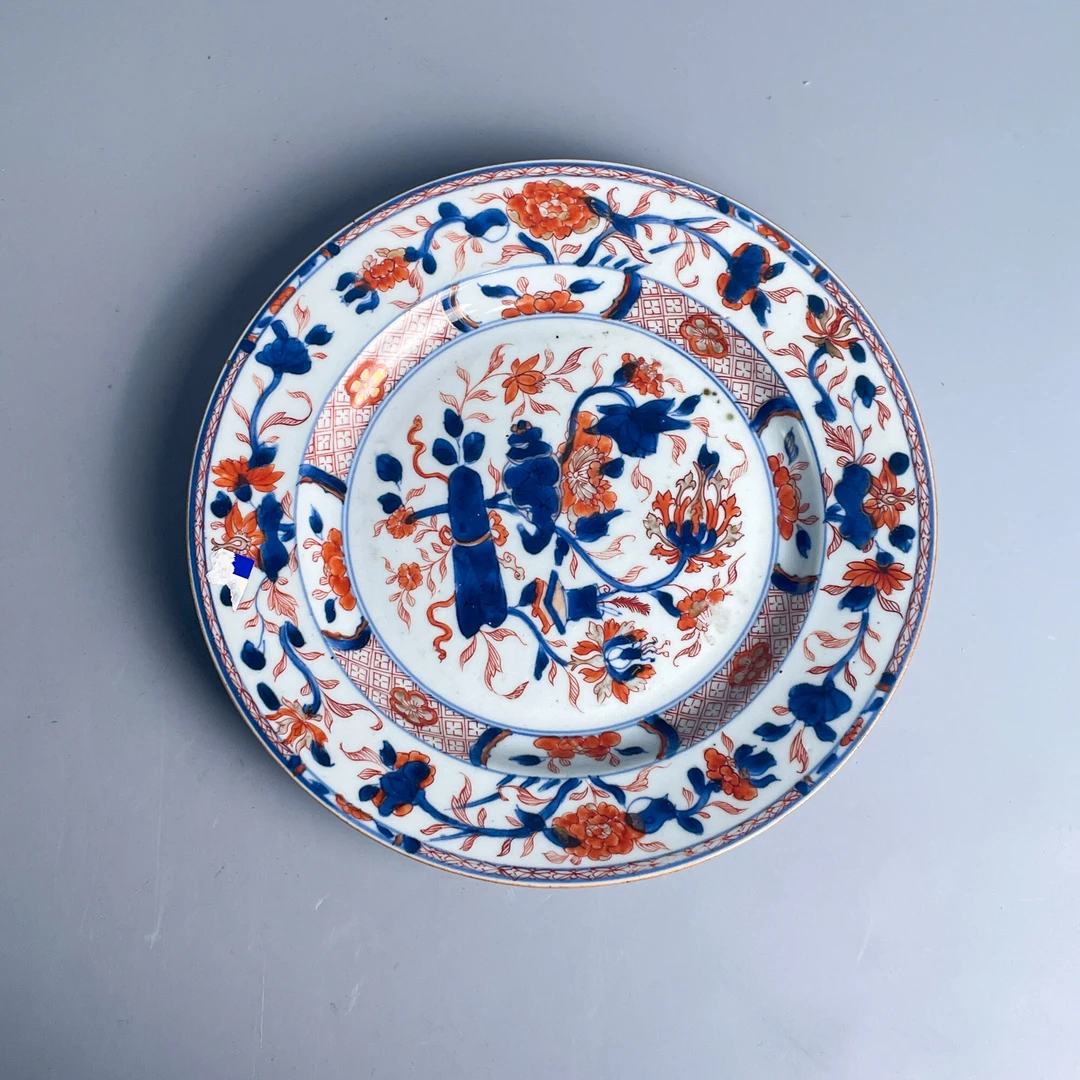 瓷器/古董康熙青花矾红描金花卉纹盘M25AX001998收藏/文物/绣花张