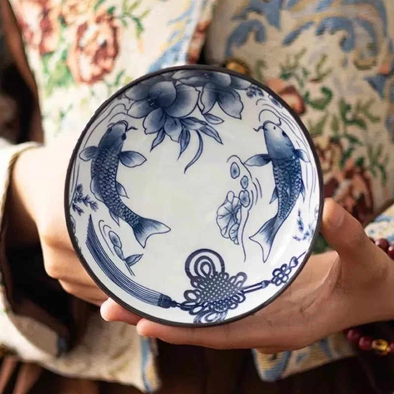 青花瓷陶瓷锦鲤福鱼创意复古风高脚点心盘水果盘坚果盘中式围炉