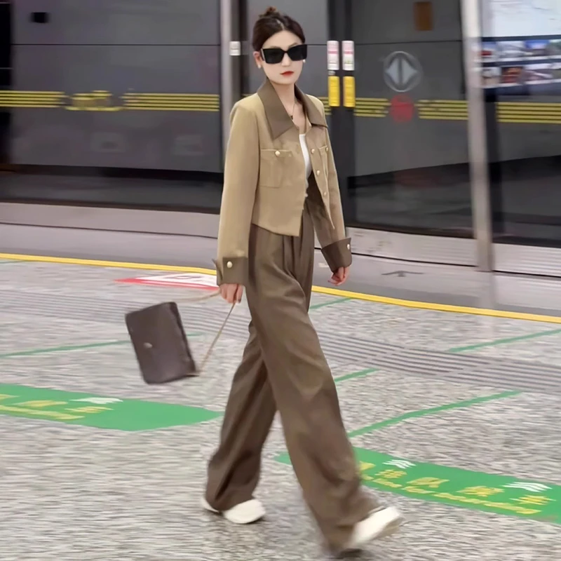 小香风洋气时尚套装女2025春季新款拼色排扣外套高腰阔腿裤两件套