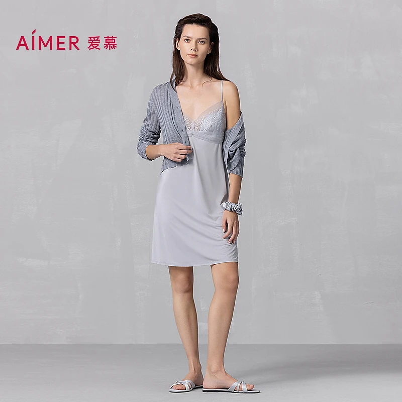 爱慕25SS花影细肩带蕾丝带杯短裙夏季薄款法式吊带睡裙AM42A761