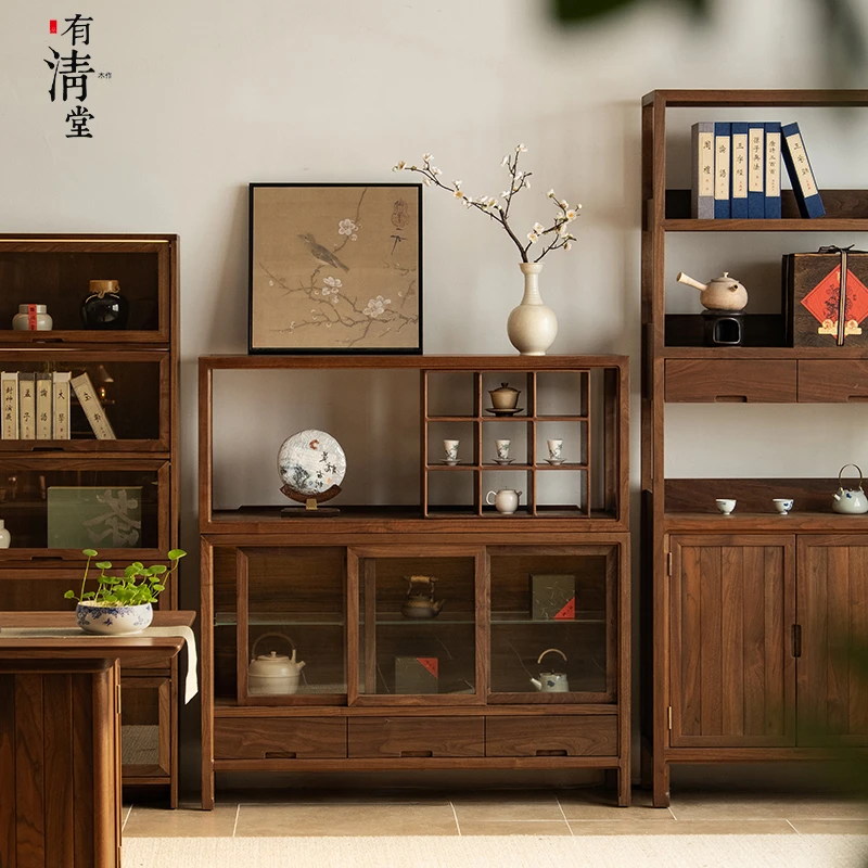 有清堂新中式茶柜黑胡桃实木客厅书房玻璃装饰储物置物收纳展示柜