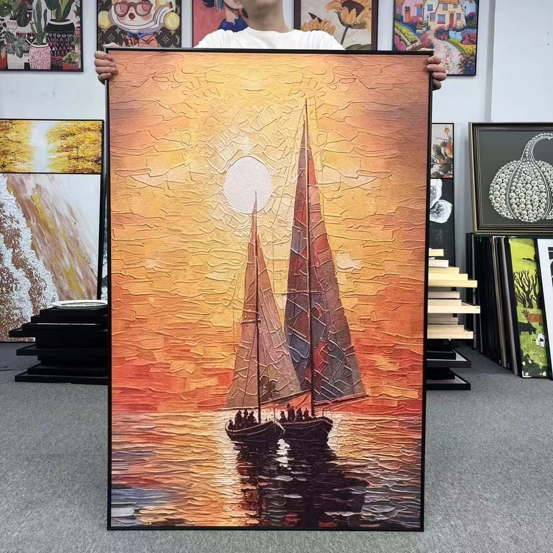 现代轻奢日出帆船装饰画现代简约卧室床头画复古餐厅80120