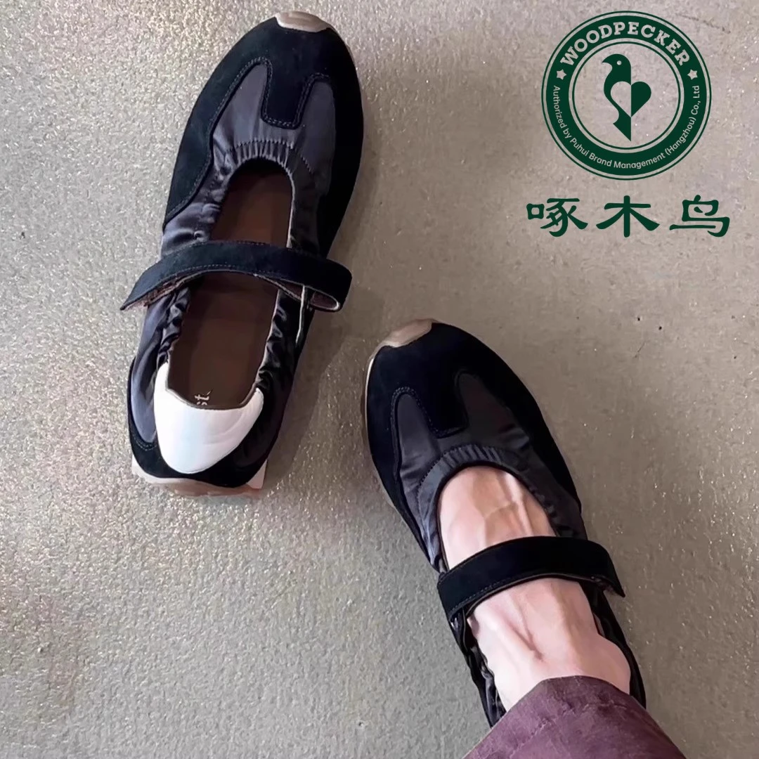 啄木鸟复古运动玛丽珍鞋女夏2025新款魔术贴休闲鞋芭蕾风平底单鞋
