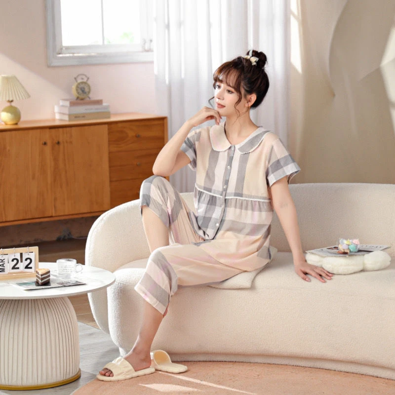 2025年春夏季新款娃娃领开衫格子睡衣女短袖七分裤薄款家居服套装