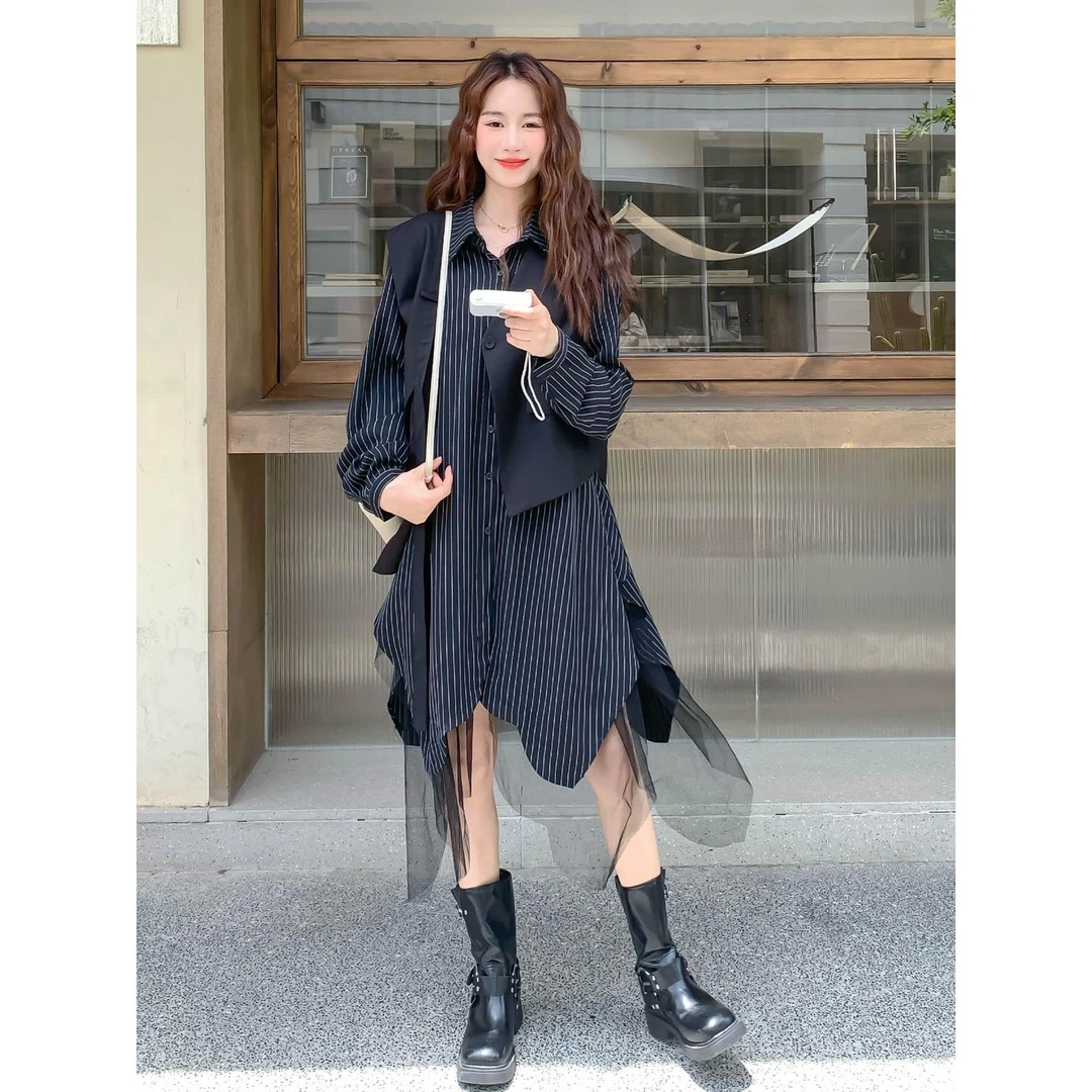 小众网纱拼接不规则衬衫裙套装女2025春秋设计感马甲两件套连衣裙