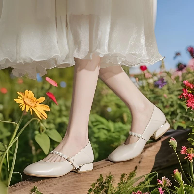 【语桐穿搭】牛皮新款~明星同款复古珍珠低跟优雅百搭鞋