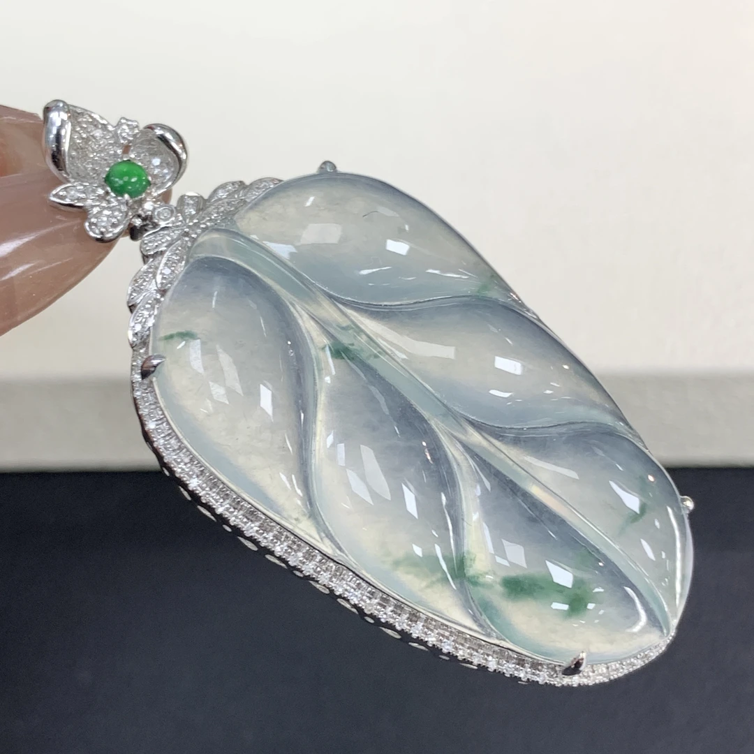 新品推荐·18k金高冰飘花叶子胶润翡翠玉石缅A吊坠气质冰透