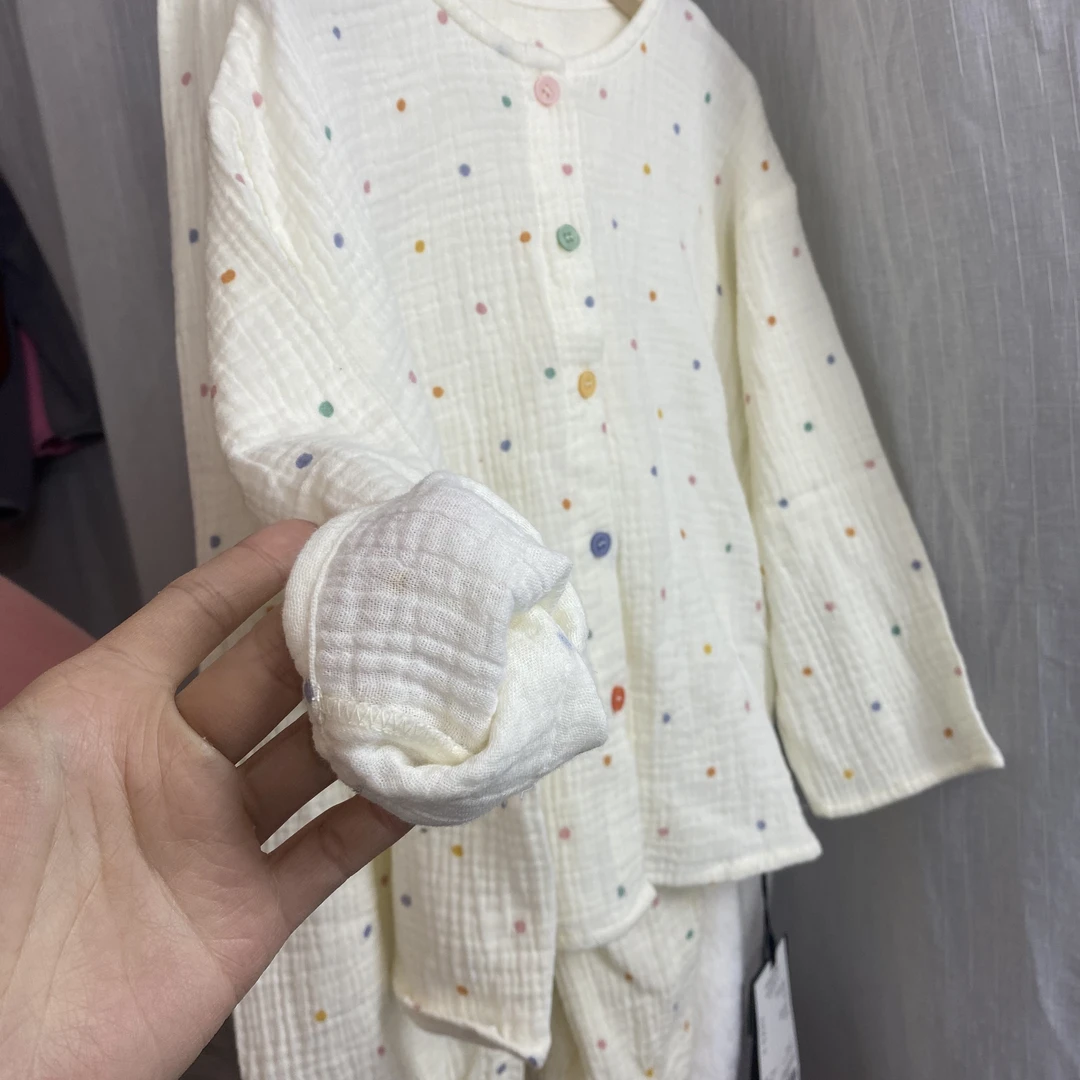 儿童棉沙布家居服春夏点点宝宝睡衣透气吸汗防蚊套装