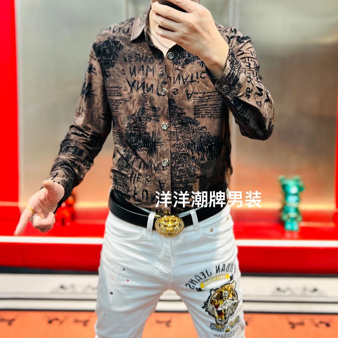 2025春季衬衫长袖衬衣男士时尚休闲潮流修身印花植绒个性韩版痞帅