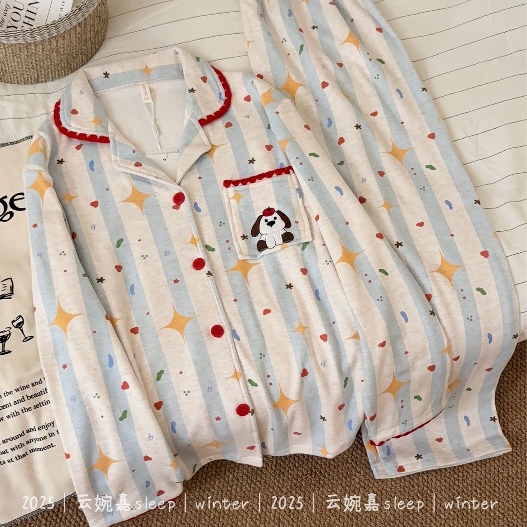 小狗派对秋冬新款卡通可爱保暖德绒小翻领开衫长袖长裤套装睡衣女